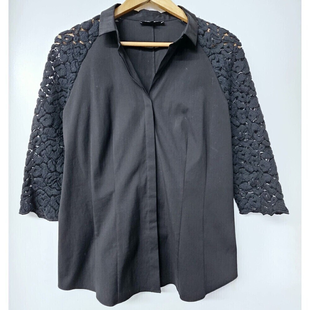 Lafayette 148 New York Women Size 6 Long Lace Sleeve Button Down Shirt Black